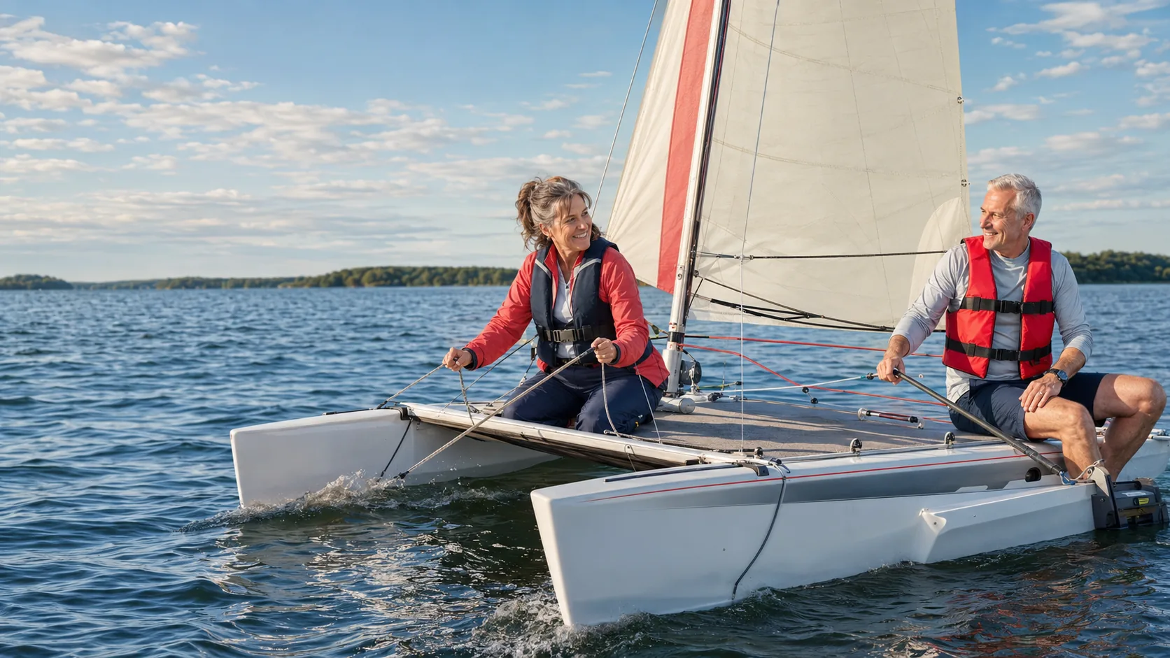 Couple sailing together on a calm day