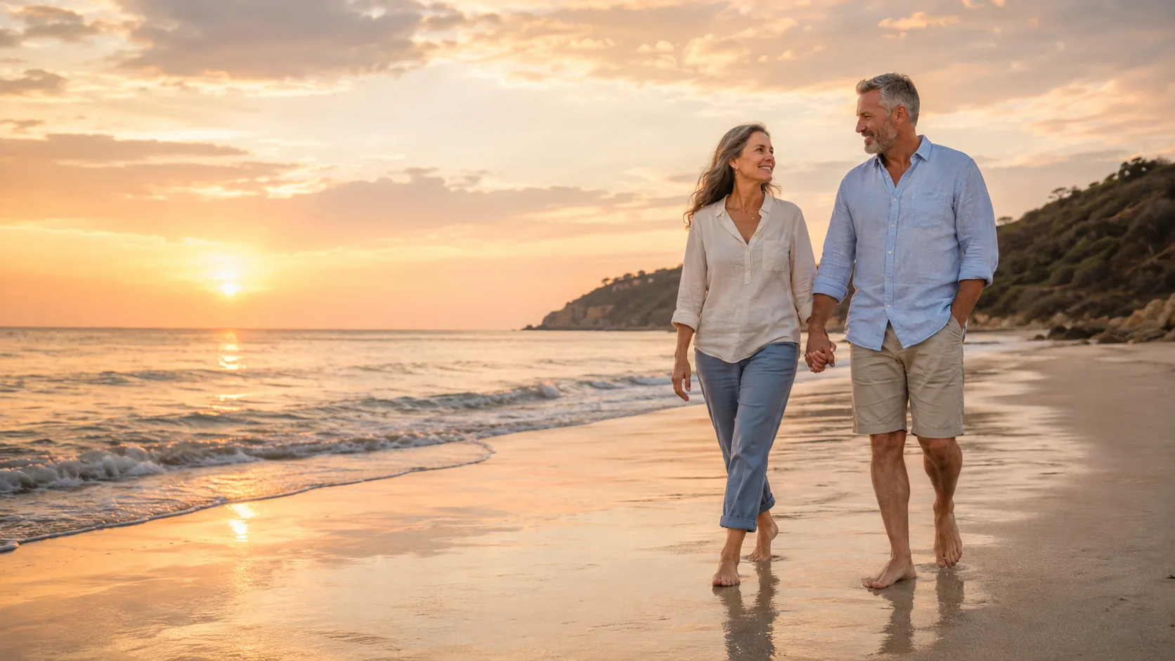 Couple walking together along the beach at sunset